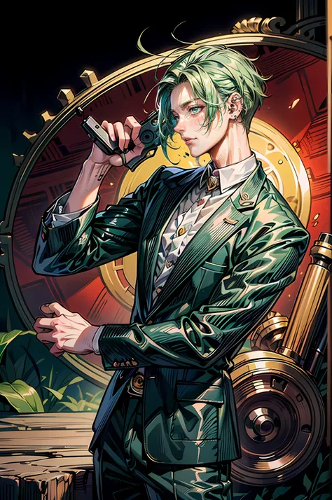 ((masutepiece: 1.4, Best Quality)), ((masutepiece, Best Quality)), Short green hair and big eyes, 19-year-old young man, Delicate hair, real  face, Suit, (guns:1.3),(Point your muzzle at your own valley:1.2),Lots of piercings, Dark atmosphere