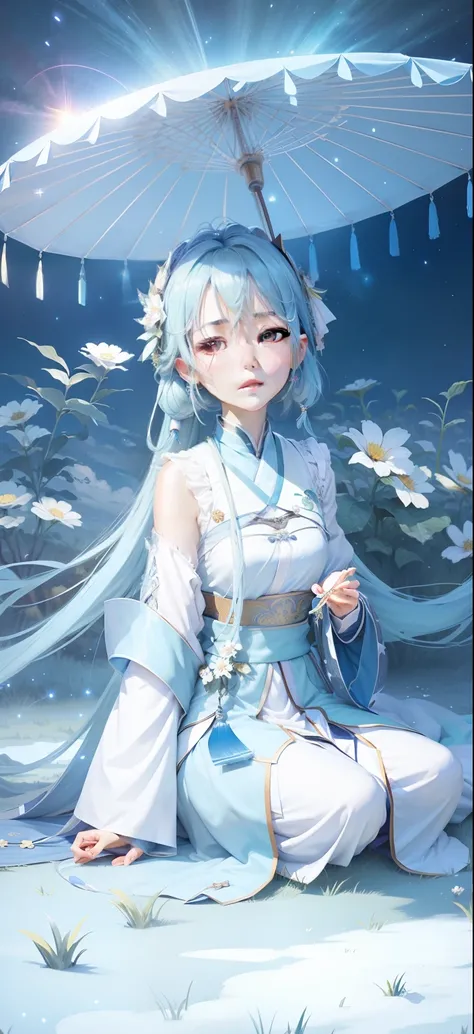 Luo Tianyi，grassy fields，starrysky，meteors