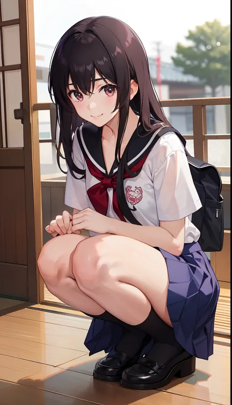 1girl in、A smile、The shirt、skirt by the、（small tits）Chilarism、Japan High School Student Uniform、serafuku、summer clothing、（Sheer Bra）、Upper body portrait、Squatting panchira、