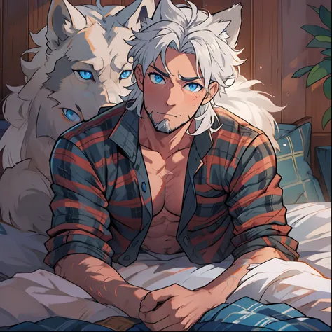 athletic Male with light beard, has flowing white hair, has wolf ears, has wolf tail, shirtless, playful, solo, alone, has bright blue eyes, wearing plaid pants, relaxing on a bed,