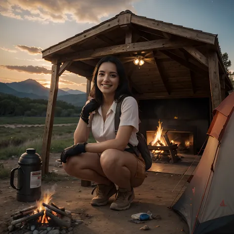 1 woman, black hair, skirt, cold blouse ((full body, crouching, smiling, happy)), masterpiece, best quality, perfect eyes, perfect hands, perfect legs, ultra-detailed, solo, outdoor, (sunset), mountains, nature, (stars, cloud) cheerful, happy, backpack, sl...