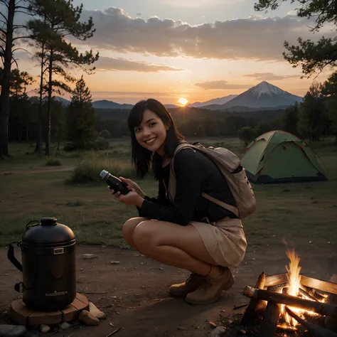 1 woman, black hair, skirt, cold blouse ((full body, crouching, smiling, happy)), masterpiece, best quality, perfect eyes, perfect hands, perfect legs, ultra-detailed, solo, outdoor, (sunset), mountains, nature, (stars, cloud) cheerful, happy, backpack, sl...