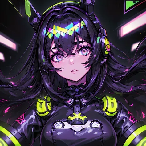 (master part, best quality, extremamente detalhado:1.5) INTERVALO 1girl, foco apenas, A girl with black eyes medium black hair curly waves, sardas e covinhas no rosto, large eyelashes, Gamer headset around the neck, Details and neon lights around and spark...