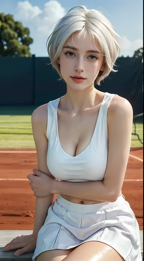 1girl, solo, white polo shirt, white sneakers, tennis wear, white miniskirt, masterpiece, best quality, realistic, hyper-detailed, (shiny skin), absurd, looking at viewer, (realistic white hair), short white hair, purple eyes, slender, dynamic lighting, hi...