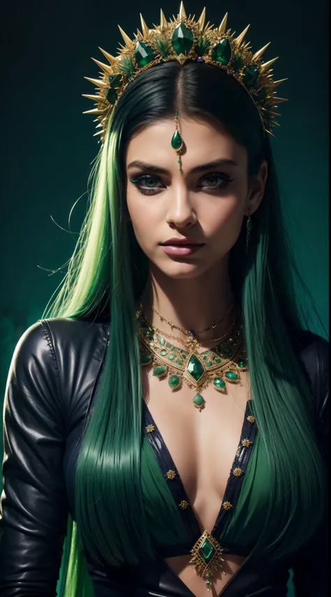 a woman wears an eye makeup and some green jewellery, in the style of fantastic creatures, dark indigo and green, bio-art, hatecore, intricate embellishments, high gloss, sharp/prickly