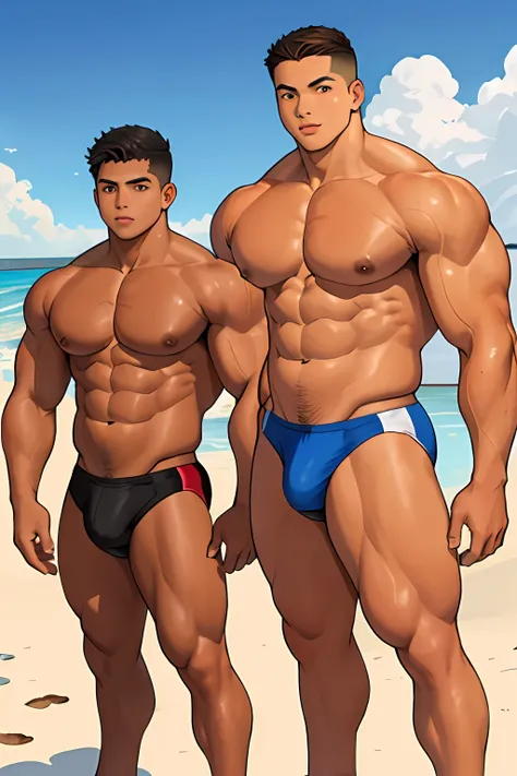 A two (2boys) teens nakeds in the beach of 15 years old (Mexican ethnicity) tan skin massive muscular bodybuilder with extraordinary biceps pectorals triceps traps, plump, Gigachad, naked