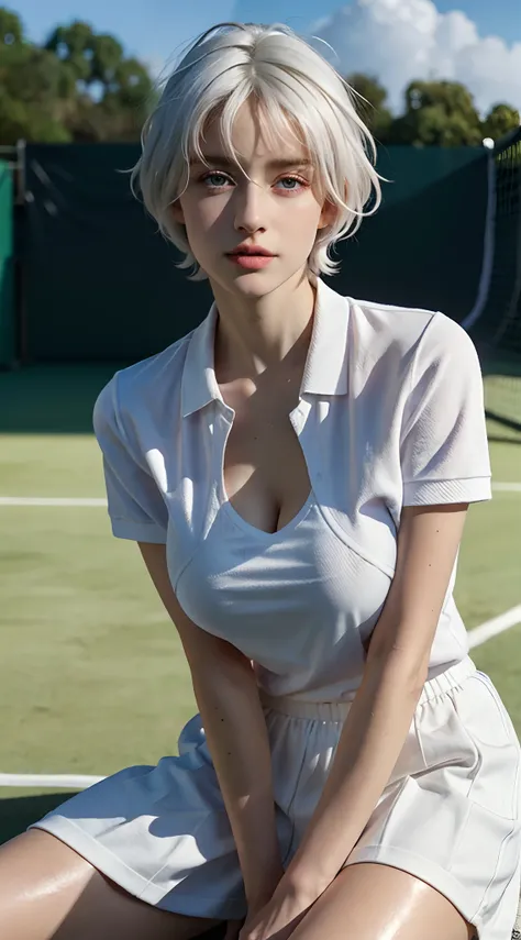 1girl, solo, white polo shirt, white sneakers, tennis wear, white miniskirt, masterpiece, best quality, realistic, hyper-detailed, (shiny skin), absurd, looking at viewer, (realistic white hair), short white hair, purple eyes, slender, dynamic lighting, hi...