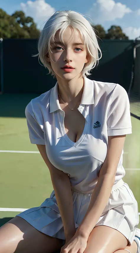 1girl, solo, white polo shirt, white sneakers, tennis wear, white miniskirt, masterpiece, best quality, realistic, hyper-detailed, (shiny skin), absurd, looking at viewer, (realistic white hair), short white hair, purple eyes, slender, dynamic lighting, hi...