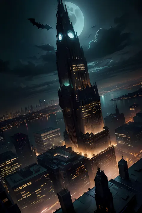 Batman, o Cavaleiro das Trevas sobe sobre a cidade de Gotham, Noite em Gotham City, arte de fantasia urbana estilizada, Gotham setting, Fundo da cidade de gotham, Cidade de Gotham, arte conceitual escura fotorrealista, metropolis films Gotham City, Dan Mum...