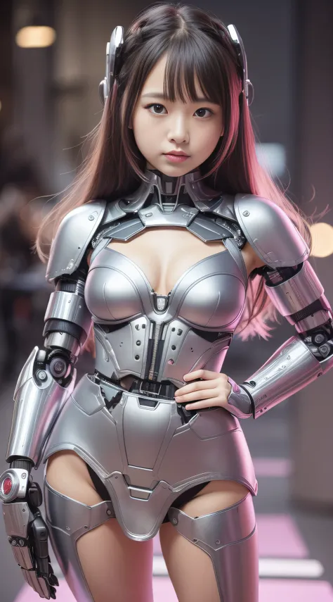 (Photorealsitic:1.4)、Onegirl、(top-quality)、(hyperdetailed face)、(Super well-formed face)、((Robot Parts))、(Cyborg girl)、(Silver)、(metalic)、(fullllbody)、(sexy  pose)、(Slender body)、(Model body type)、(mecha exposure)、(akihabara)、(is looking at the camera)、(A ...