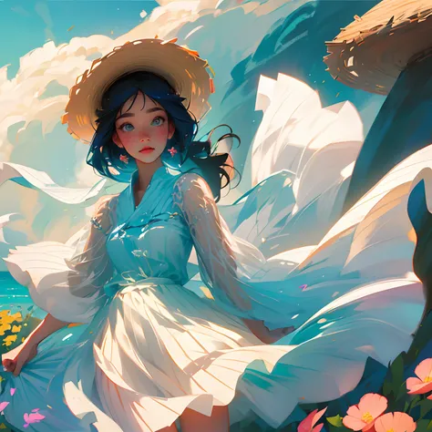 A beautiful girl in a dress wearing a straw hat、Holding down a skirt that has been rolled up by the wind --auto