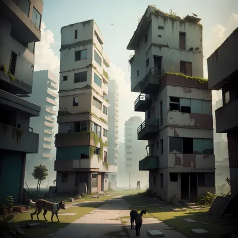 Modern abandonated city. No humans living. Ruins. Moss and plants growing inside of buildings. Roofless houses. Debris. Cute stray dogs playing.