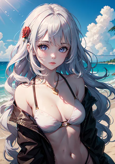 (masterpiece:1.2, best quality), (1lady, solo,(portrait shot)), Clothing: colourful bikini, strappy sandals, Accessories: shell necklace, Hair: loose beach waves, white hair, short wavy hair, Makeup: natural, glowing skin, Behavior: relaxed, carefree, free...