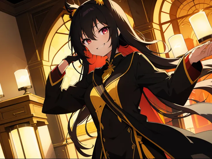 bright look，The smile is bright，Long black hair shawl。She loves to tease，And with a smug look。Wear brightly colored court costumes。Background with：Inside the magnificent palace，Candles flicker，The atmosphere seemed warm and oppressive, less sexual