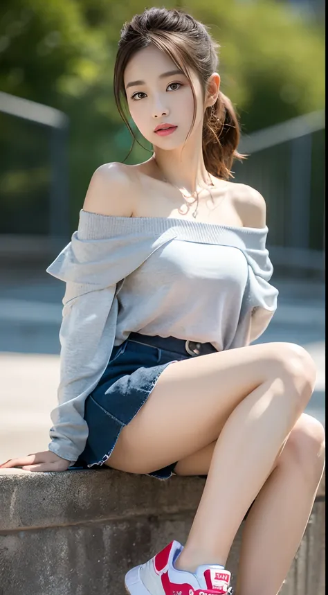 ((Best picture quality, 8K, tmasterpiece:1.3)), 1girll, Casual hairstyle, （off-shoulder blouse，Short pleated skirt：1.3）,（wet see through clothes：1.4），Ultra-fine face, A detailed eye, 二重まぶた，（long leges：1.4），（athletic sneakers：1.3）Erlang legs，Sit sideways on...