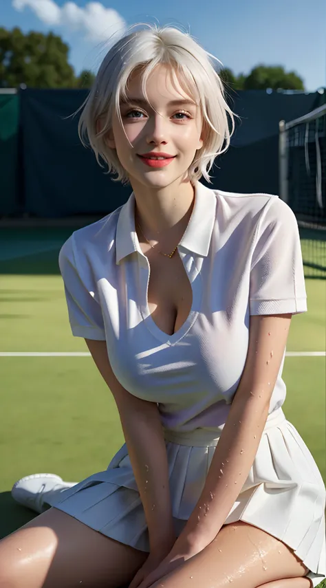 1girl, solo, white polo shirt, white sneakers, tennis wear, white miniskirt, masterpiece, best quality, realistic, hyper-detailed, absurd, looking at viewer, (realistic white hair), short white hair, purple eyes, slender, dynamic lighting, high resolution,...