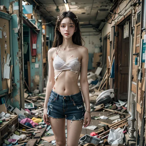 abandoned building，Garbage all over the ground，Devastated，Dilapidated，Sexy standing pose，full-body portraits（1：1），18 years old korean beauty，(Slender and slender figure)，Skinny，As thin as a whipping post，Smaller bust，(((Nudity all over)))，((Wearing a naked...