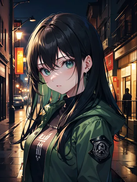 (Masterpiece, Best Quality, Ultra High Resolution),1girl, beautiful and detailed face, detailed eyes,dark green jacket, black hair,rock punk fashion,in the street, at night