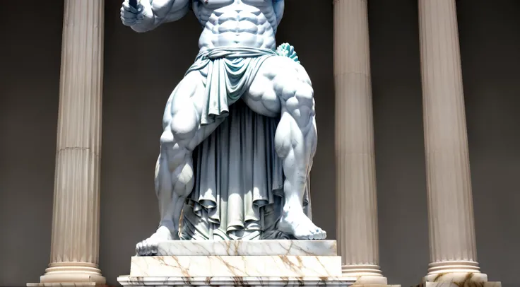 A closeup of a statue of a man holding a baseball bat, Greek statue, statue of hercules, greco roman statue, ancient greek statue, strong ambient occlusion, statue of hercules looking angry, muscle extremely detailed, Greek marble statue, ambient occlusion...