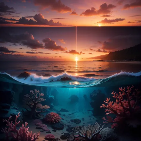 Sunset in Hawaii、sand beach、ocean floor、beautiful corals、realistic