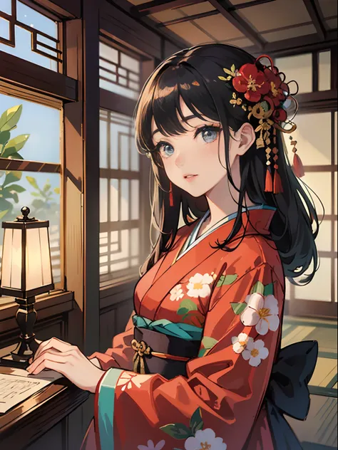 Master Pieces,hyper quality, Hyper Detailed,Perfect drawing,独奏、Beauty in the world、Komono、Japanese dress、Black-haired、Japanese hair、Colorful Japan kimono、Nishijin Ori、Delicate and smart eyes、Half-open lips、sidelong glance、Graceful、Gorgeous、Beautiful、red bl...