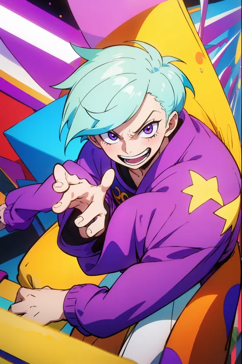 A cartoon boy with white emo hair, purple sweatshirt, Cheerful expression making the symbol of peace in a colorful and vibrant environment.