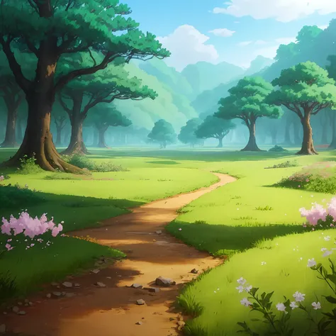 Chinese animation landscape，Ground view inside the forest，There are trees, There are meadows, There are flowers and small grasses，4k高清