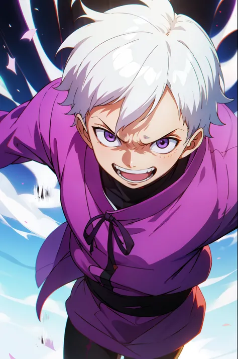 chico con el pelo blanco estilo ken kaneki, cheerful expression, wear a purple sweatshirt