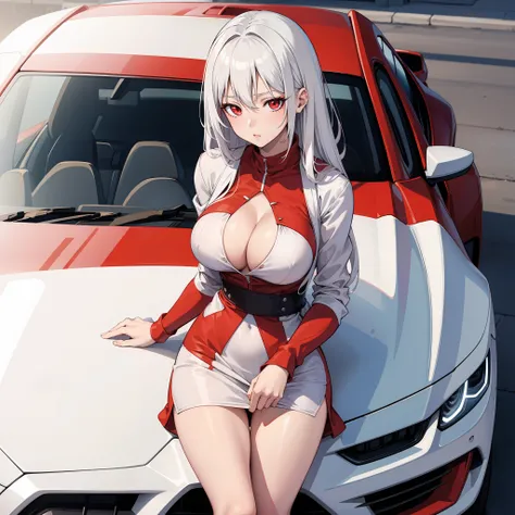 Anime girl, white hair, red eyes, leaning on car, skinny large breasts, sexy, tight dress, cleavage, long hair