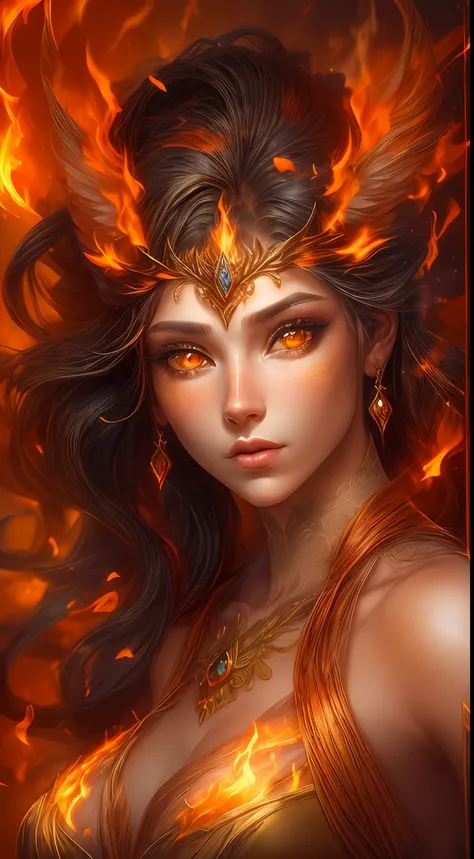 This is a realistic fantasy artwork prominently featuring realistic fire, including wisps of flames, glowing hot embers, subtle curls of smoke, and a beautiful fire druid. The druid stands in the midst of a raging inferno with an interesting composition. H...