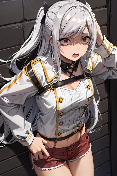 crawl,collar,leash,tied up,bondage,scared expression,white hair,red eyes,shorts,top-tank