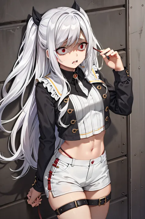 crawl,collar,leash,tied up,bondage,scared expression,white hair,red eyes,shorts,top-tank