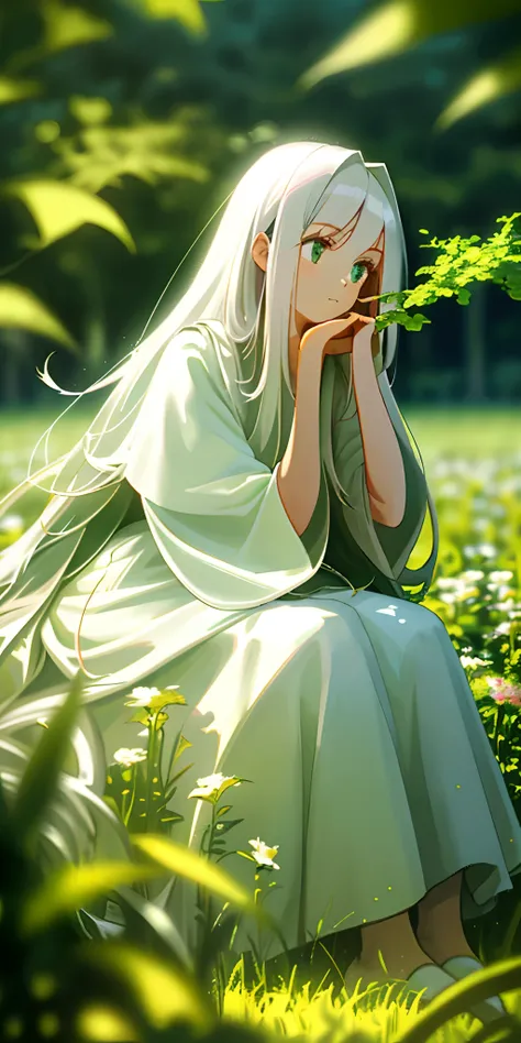 (masterpiece, best quality),1girl with long white hair sitting in a field of green plants and flowers, her hand under her chin, warm lighting, white dress, blurry foreground