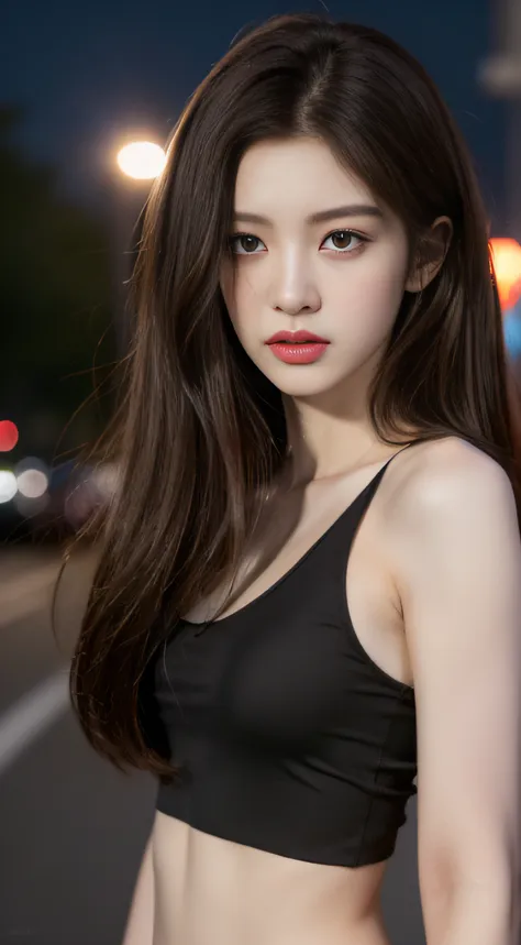 ((Realistic lighting, Best quality, 8K, Masterpiece: 1.3)), Clear focus: 1.2, 1girl, Perfect Figure: 1.4, Slim Abs: 1.1, ((Dark brown hair)), (White crop top: 1.4), (Outdoor, Night: 1.1), City streets, Super fine face, Fine eyes, Double eyelids,