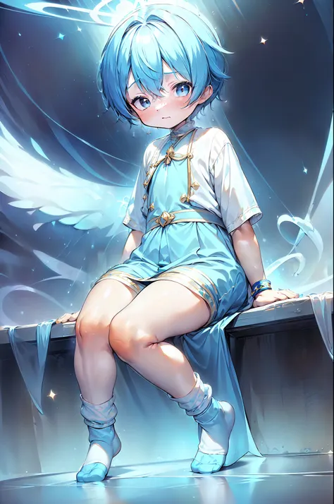 4k, (masterpiece:1), little boy with blue colored hair and shiny, glowing cyan eyes and socks, wearing divine clothes, sitting o...