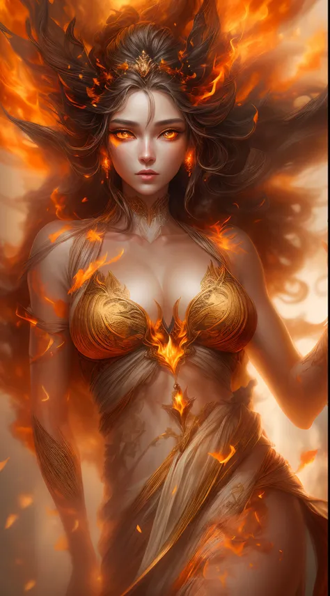 This is a realistic fantasy artwork prominently featuring realistic fire, including wisps of flames, glowing hot embers, subtle curls of smoke, and a beautiful fire druid. The druid stands in the midst of a raging inferno with an interesting composition. H...