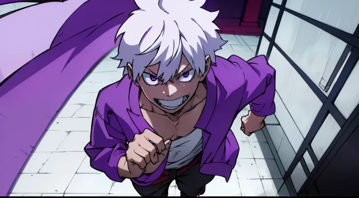 (chico con el pelo blanco estilo ken kaneki, purple eyes, purple sweatshirt) caminando por la calle, visto de espaldas.