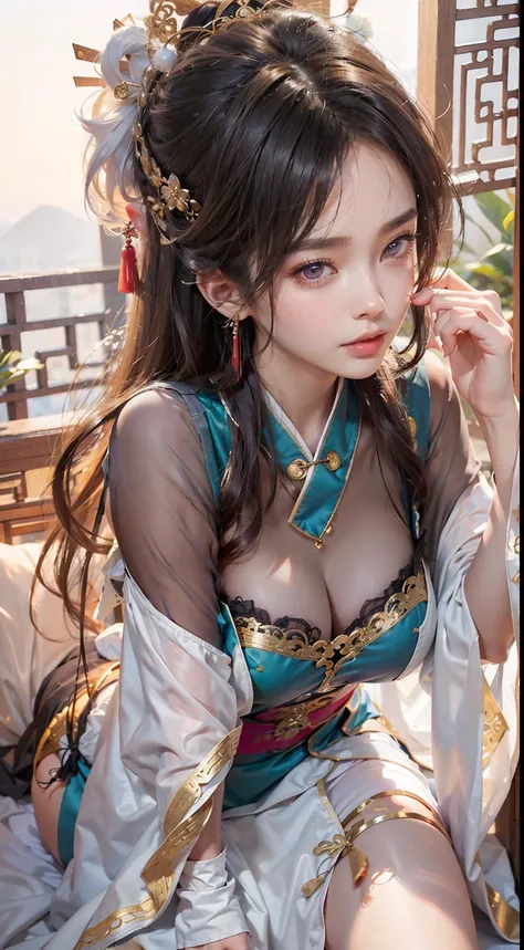 Ancient Chinese architecture，National style beautiful girl，Wear revealing Hanfu，Simple clothing， Minimalist style，Mixed Chinese and American races，The background is blurred out，focal，电影灯光，(((tmasterpiece))), ((best qualtiy)), ((Complex and detailed)), ((ul...