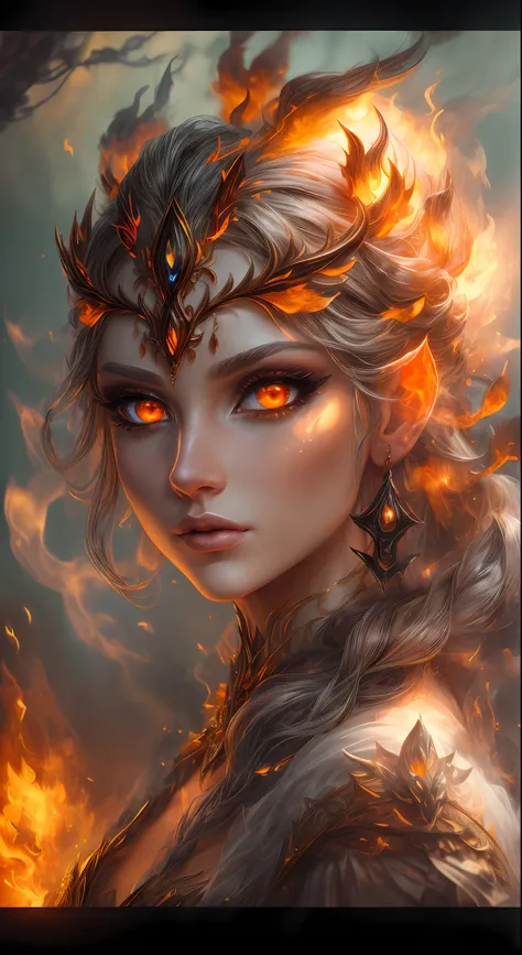 This is a realistic fantasy artwork prominently featuring realistic fire, including wisps of flames, glowing hot embers, subtle curls of smoke, and a beautiful fire druid. The druid stands in the midst of a raging inferno with an interesting composition. H...