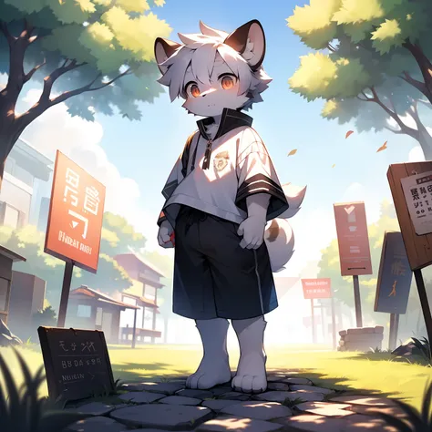 Libido boy，furry wolf，((Shota)), Black and white hair, Very good figure, Handsome，adolable, Light：Extreme light and shadow, Reflective skin,Reddish skin，((worn-out clothing，Commoner)) ，((grassy fields，Stone path，Signs，baiyun，独奏，solo person))，Outdoor sunset...