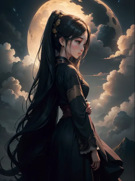 Masterpiece, best quality, night, hills, clouds, full moon, long hair, woman, silhouette, firefly. Chinese style, simple, quadratic