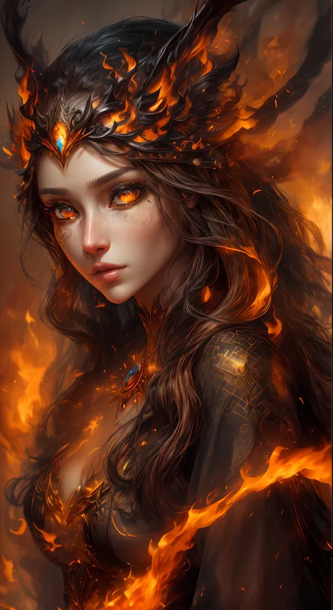 this is a realistic fantasy artwork prominently featuring realistic fire, including wisps of flames, glowing hot embers, subtle ...