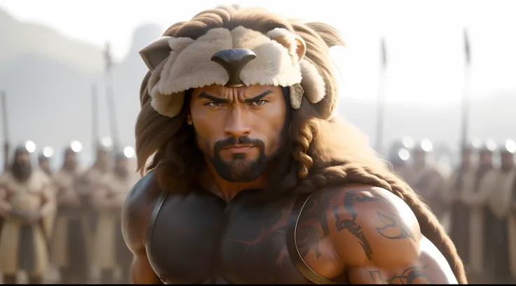 realista obra prima, 8k Man with lions head and beard in scene from the movie Hercules, Hercules, Estrelado por Dwayne Johnson, jason momoa as assyrian, portrait of demigod hercules, Dwayne Johnson, Dwayne Johnson como Deus da Guerra, com barba leonidas, D...