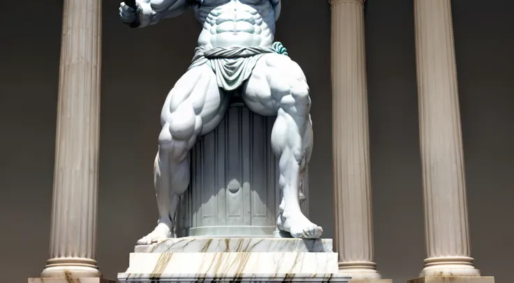 A closeup of a statue of a man holding a baseball bat, Greek statue, statue of hercules, greco roman statue, ancient greek statue, strong ambient occlusion, statue of hercules looking angry, muscle extremely detailed, Greek marble statue, ambient occlusion...