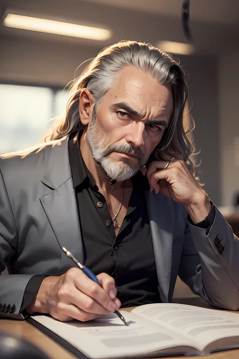 ((meio corpo)) RAW photo 50-year-old man sitting in an office chair, usando terno preto, (Usando Barba branca) cena de filme, (Impeccable) ,Serious and elegant man, , com sobrancelhas masculinas grossas, (with a mysterious and serious face,) cabelo branco ...