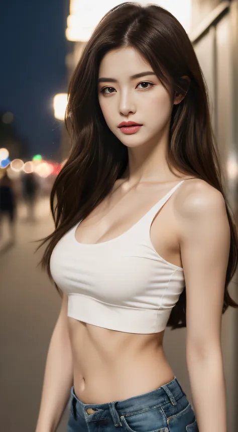 ((realistic lighting, best quality, 8k, masterpiece: 1.3)), clear focus: 1.2, 1girl, perfect figure: 1.4, slim abs: 1.1, ((dark ...