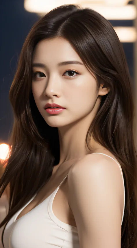 ((Realistic lighting, Best quality, 8K, Masterpiece: 1.3)), Clear focus: 1.2, 1girl, Perfect Figure: 1.4, Slim Abs: 1.1, ((Dark brown hair)), (White crop top: 1.4), (Outdoor, Night: 1.1), City streets, Super fine face, Fine eyes, Double eyelids,