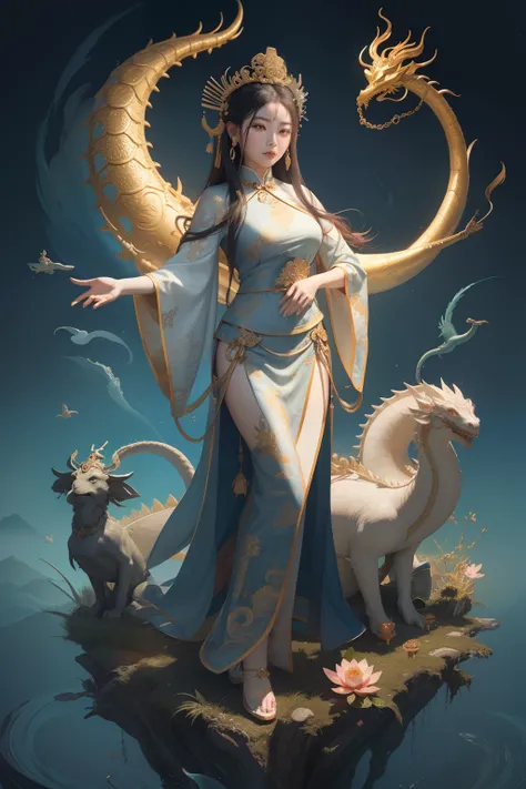 an ancient Chinese goddess, guanyin of the southern seas, Guanyin, Inspired by China, Avalokiteshvara rides a dragon，,Serene expression,shui mo hua,Buddha,Buddhist,Lotus,Chinese painting style,Thangka style