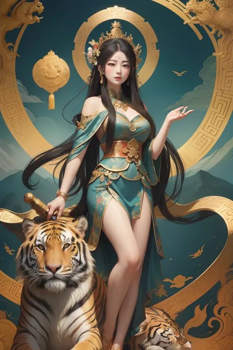 an ancient Chinese goddess, guanyin of the southern seas, Guanyin, Inspired by China, Avalokiteshvara rides a tiger，,Serene expression,shui mo hua,Buddha,Buddhist,Lotus,Chinese painting style,Thangka style