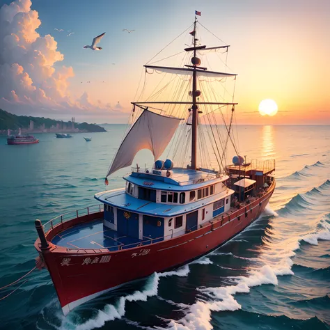 baiyun,blue-sky，seagulls，ports，fishing boat，fisherman，the sunset，the setting sun，evening light，fresh flowers，Rose flower，palmeiras， in style of hayao miyazaki